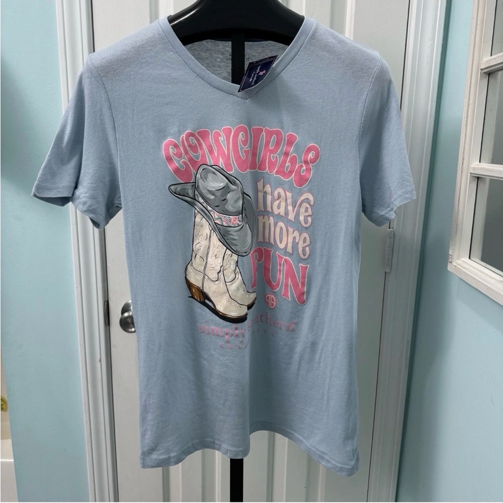 NWT Simply Southern Women's Size Large Blue Cowgirls Have More Fun T-shirt